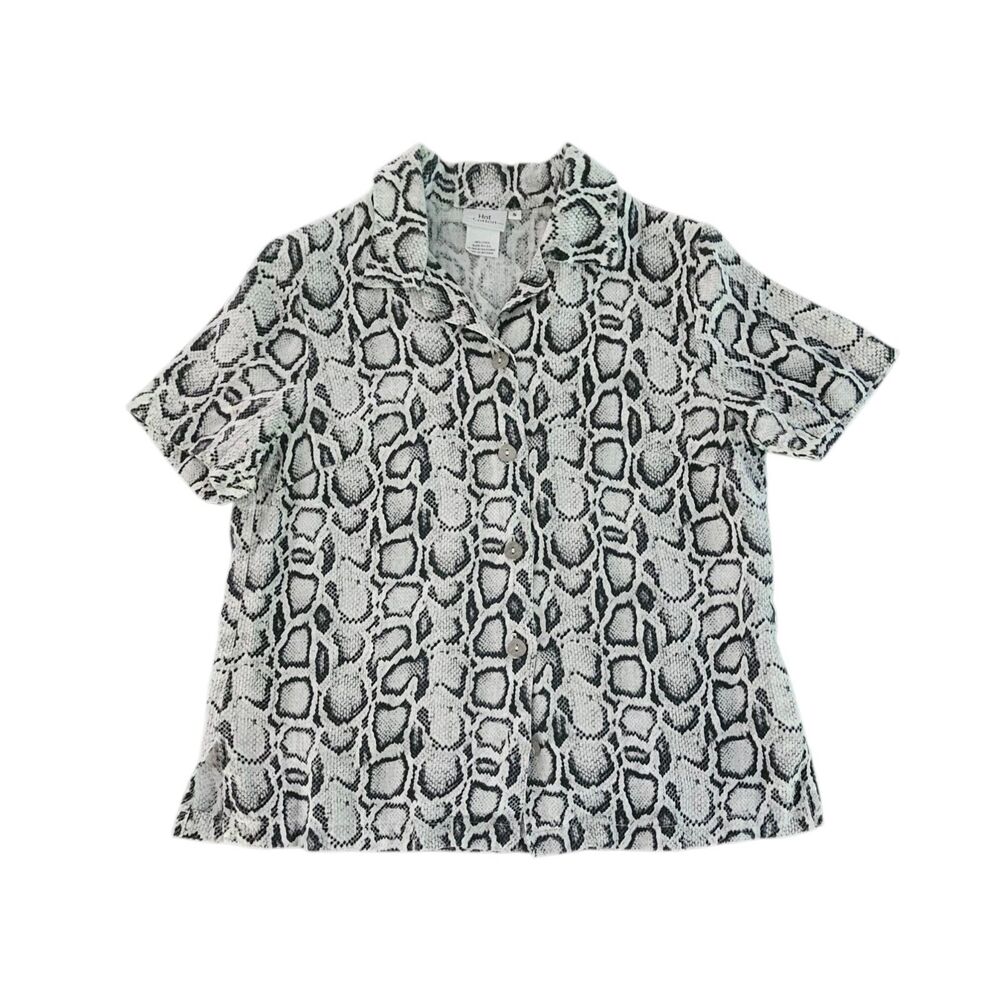 HOT COTTON  Linen Black White Snake Python Print Button Up Shirt Blouse Top Sm